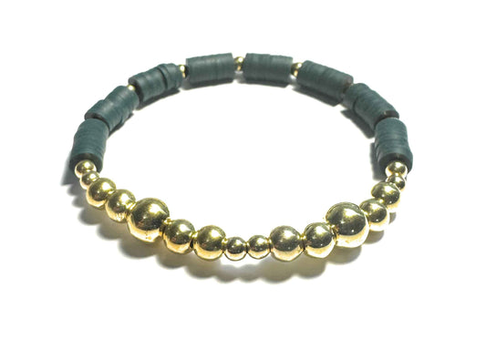 Heishi Bead Bracelet, Dark Green with Gold Metallic Spacers