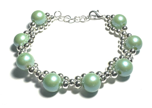 Beaded Bracelet, Mint Green Beads with Silver Accent Beads, Fashion Jewelry