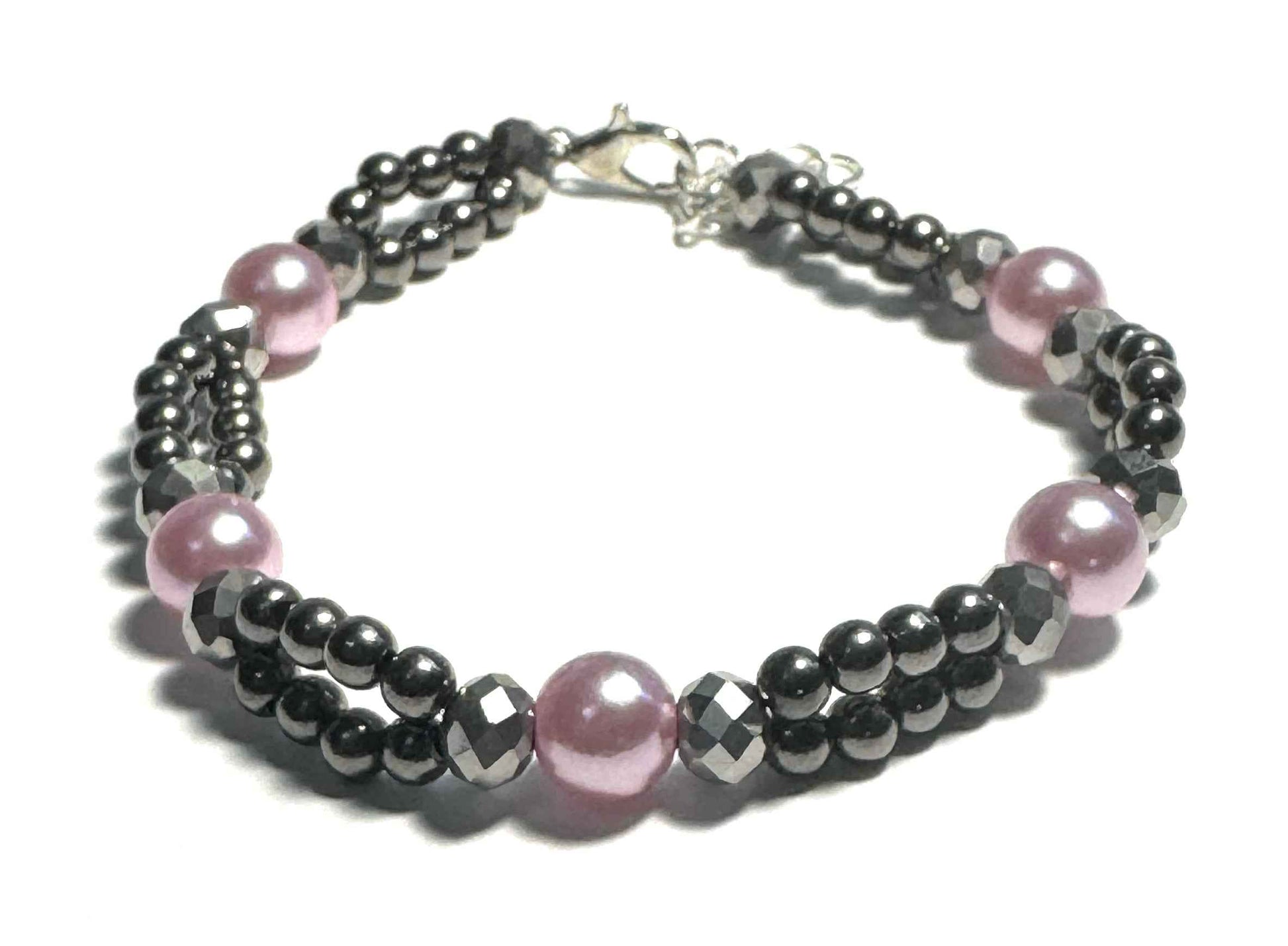 Double Strand Bracelet, Pink, Silver Metallic Accents with Lobster Clasp