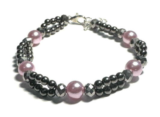 Double Strand Bracelet, Pink, Silver Metallic Accents with Lobster Clasp