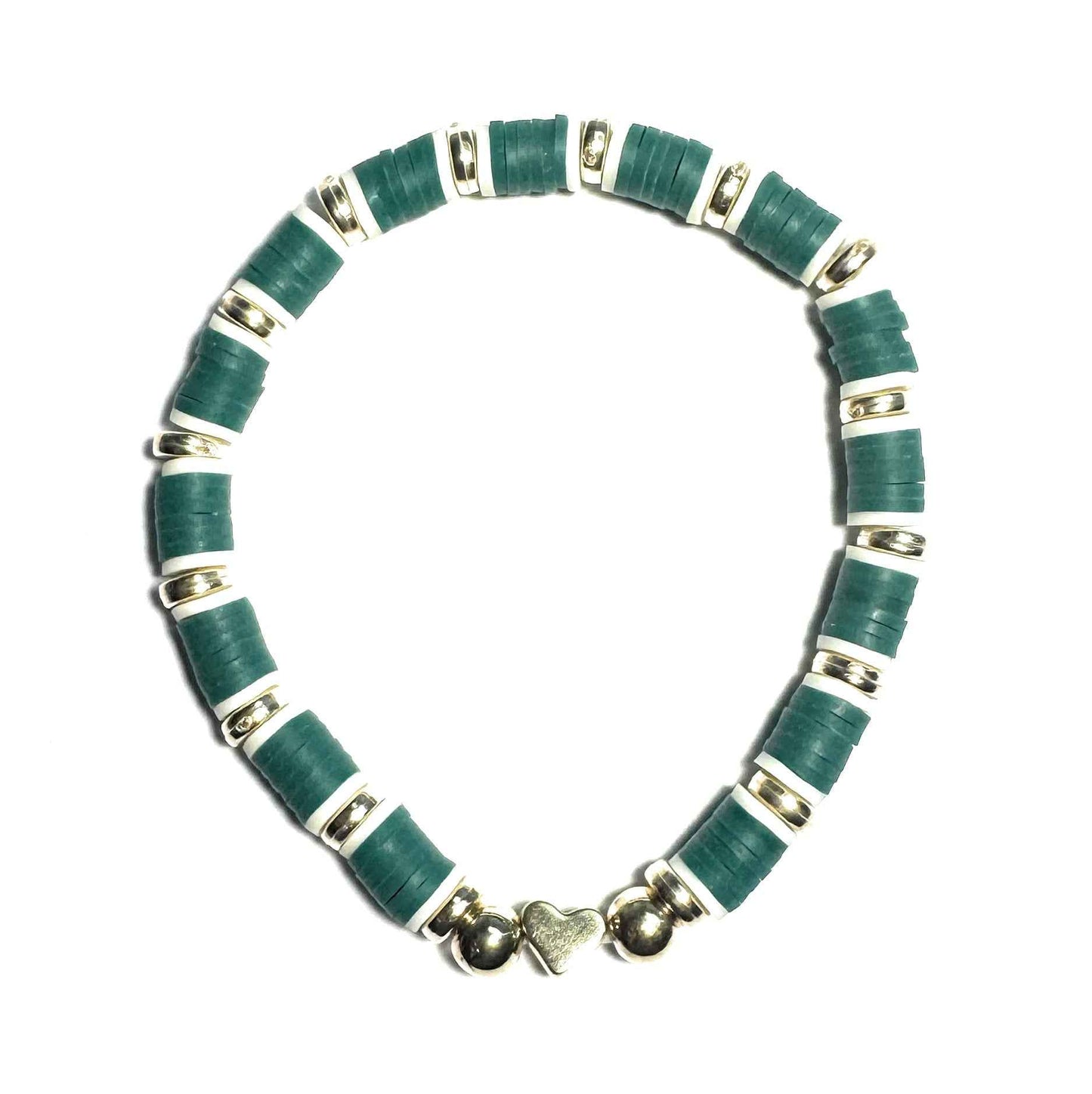 Turquoise Heishi Bead Bracelet with Gold Metallic Spacers, Heart Charm