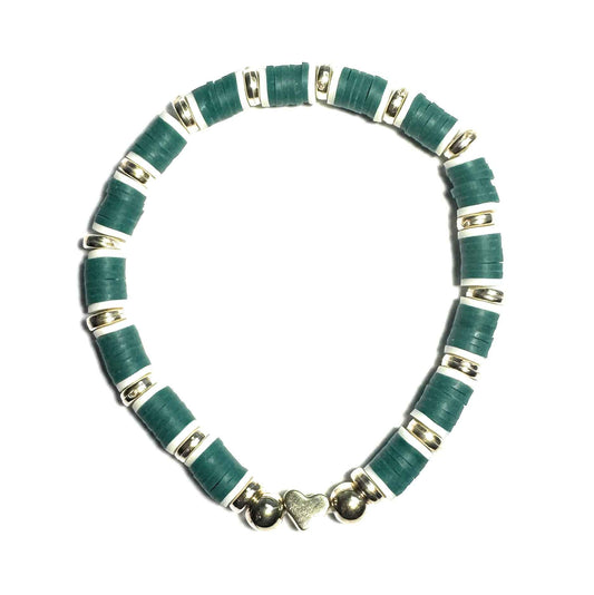 Turquoise Heishi Bead Bracelet with Gold Metallic Spacers, Heart Charm