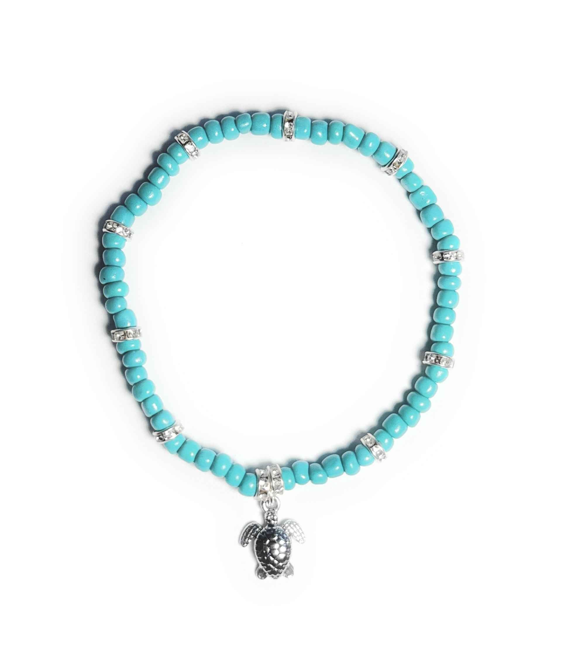 Teal Beaded Stretchy Bracelet with Silver Alloy Turtle Charm and Accents