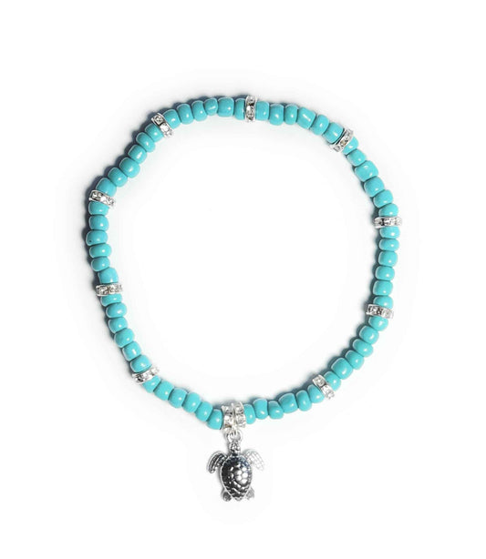 Teal Beaded Stretchy Bracelet with Silver Alloy Turtle Charm and Accents