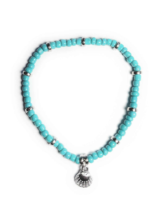 Teal Beaded Stretchy Bracelet with Silver Alloy Seashell Charm and Accents