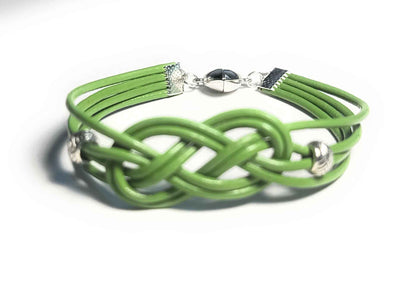 Green Leather Celtic Knot Bracelet with Silver Alloy Beads and Heart Magnet Clasp
