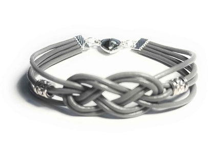 Gray Leather Celtic Knot Bracelet with Silver Alloy Accent Beads and Heart Magnetic Clasp