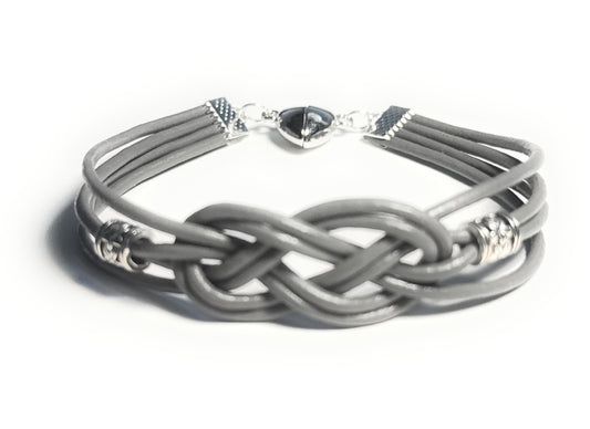 Gray Leather Celtic Knot Bracelet with Silver Alloy Accent Beads and Heart Magnetic Clasp