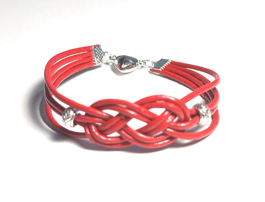 Red Leather Celtic Knot Bracelet with Silver Alloy Spacer Beads and Heart Magnet Clasp