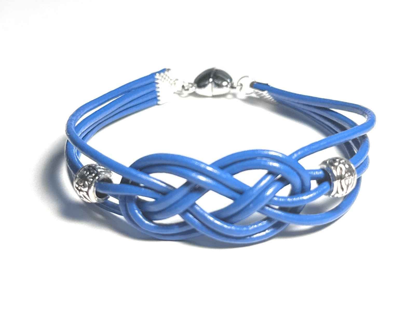 Blue Leather Celtic Knot Bracelet with Silver Alloy Beads and Heart Magnet Clasp
