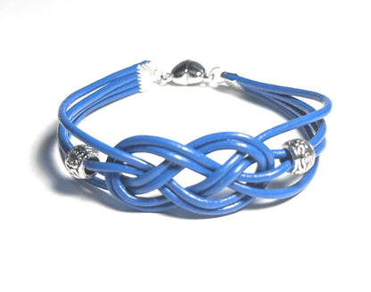 Blue Leather Celtic Knot Bracelet with Silver Alloy Beads and Heart Magnet Clasp