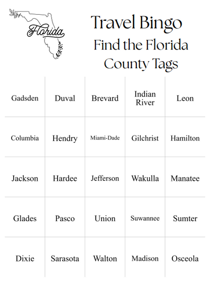 Travel Bingo Digital Download - 25 Bingo Cards - Find the Florida Counties - Fun Game for Traveling on Florida Highway