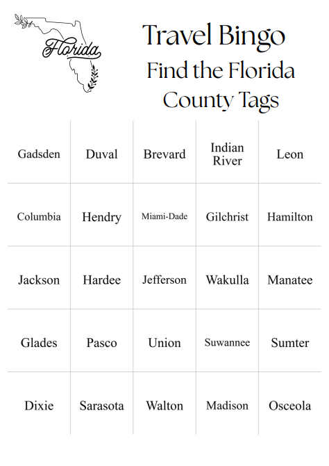Travel Bingo Digital Download - 25 Bingo Cards - Find the Florida Counties - Fun Game for Traveling on Florida Highway