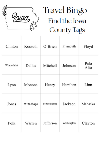 Travel Bingo Digital Download - 25 Bingo Cards - Find the Iowa Counties - Fun Game for Traveling on Iowa Highway