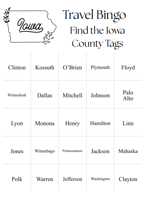 Travel Bingo Digital Download - 25 Bingo Cards - Find the Iowa Counties - Fun Game for Traveling on Iowa Highway