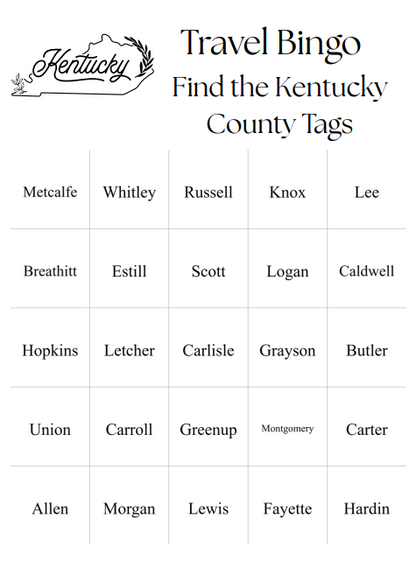 Travel Bingo Digital Download - 25 Bingo Cards - Find the Kentucky Counties - Fun Game for Traveling on Kentucky Highway