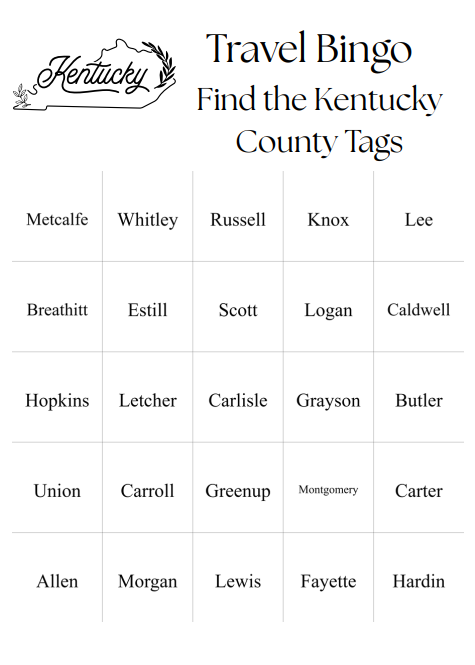 Travel Bingo Digital Download - 25 Bingo Cards - Find the Kentucky Counties - Fun Game for Traveling on Kentucky Highway