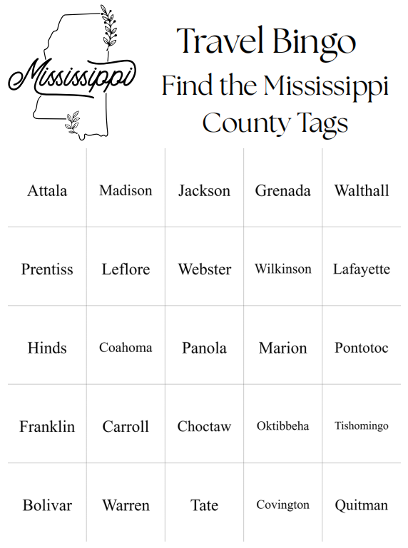 Travel Bingo Digital Download - 25 Bingo Cards - Find the Mississippi Counties - Fun Game for Traveling on Mississippi Highway - Celtic Scents