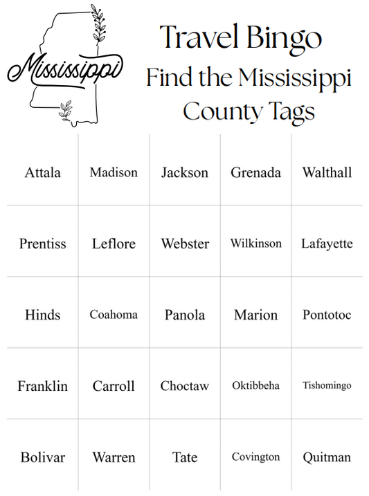 Travel Bingo Digital Download - 25 Bingo Cards - Find the Mississippi Counties - Fun Game for Traveling on Mississippi Highway - Celtic Scents