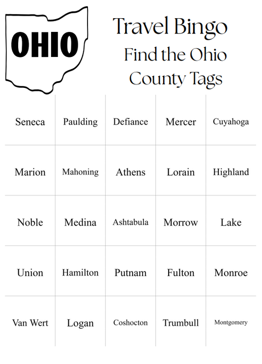 Travel Bingo Digital Download - 25 Bingo Cards - Find the Ohio Counties - Fun Game for Traveling on Ohio Highway