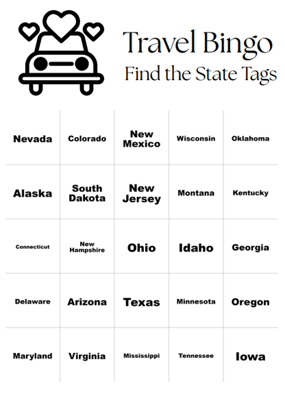 Travel Bingo Digital Download - 25 Bingo Cards - Find the State Tags - Fun Game for Traveling on the Road