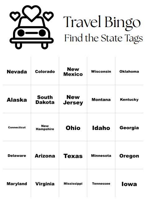 Travel Bingo Digital Download - 25 Bingo Cards - Find the State Tags - Fun Game for Traveling on the Road
