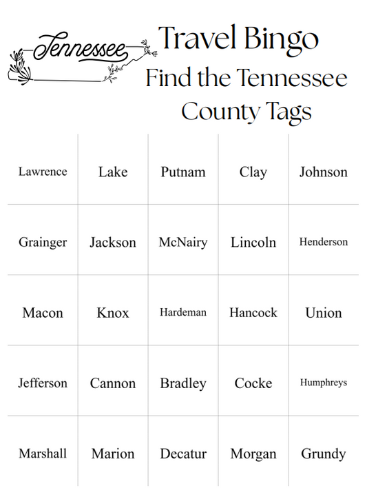 Travel Bingo Digital Download - 25 Bingo Cards - Find the Tennessee Counties - Fun Game for Traveling on Tennessee Highway