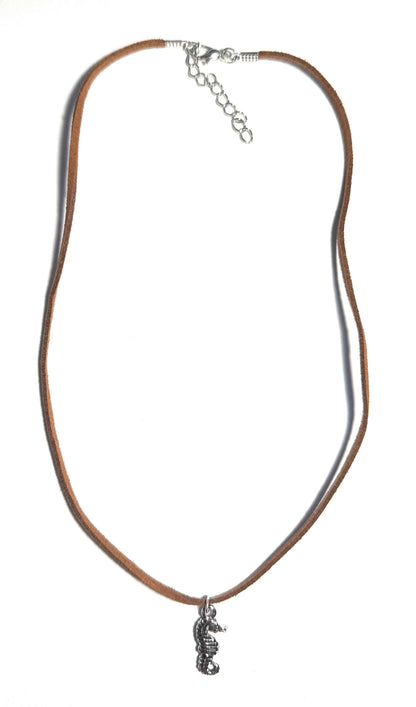 Tan Leather Cord Necklace with Silver Alloy Seahorse Charm
