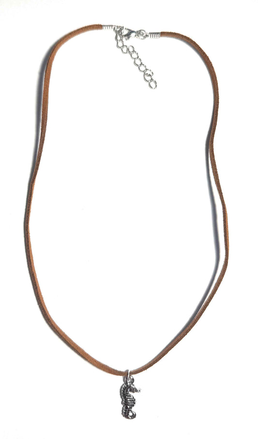 Tan Leather Cord Necklace with Silver Alloy Seahorse Charm