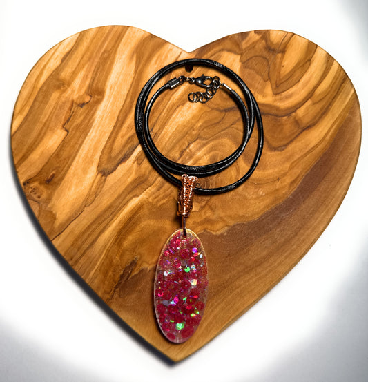 Pink Glitter Resin Pendant Wire Wrapped Bail on Leather Cord