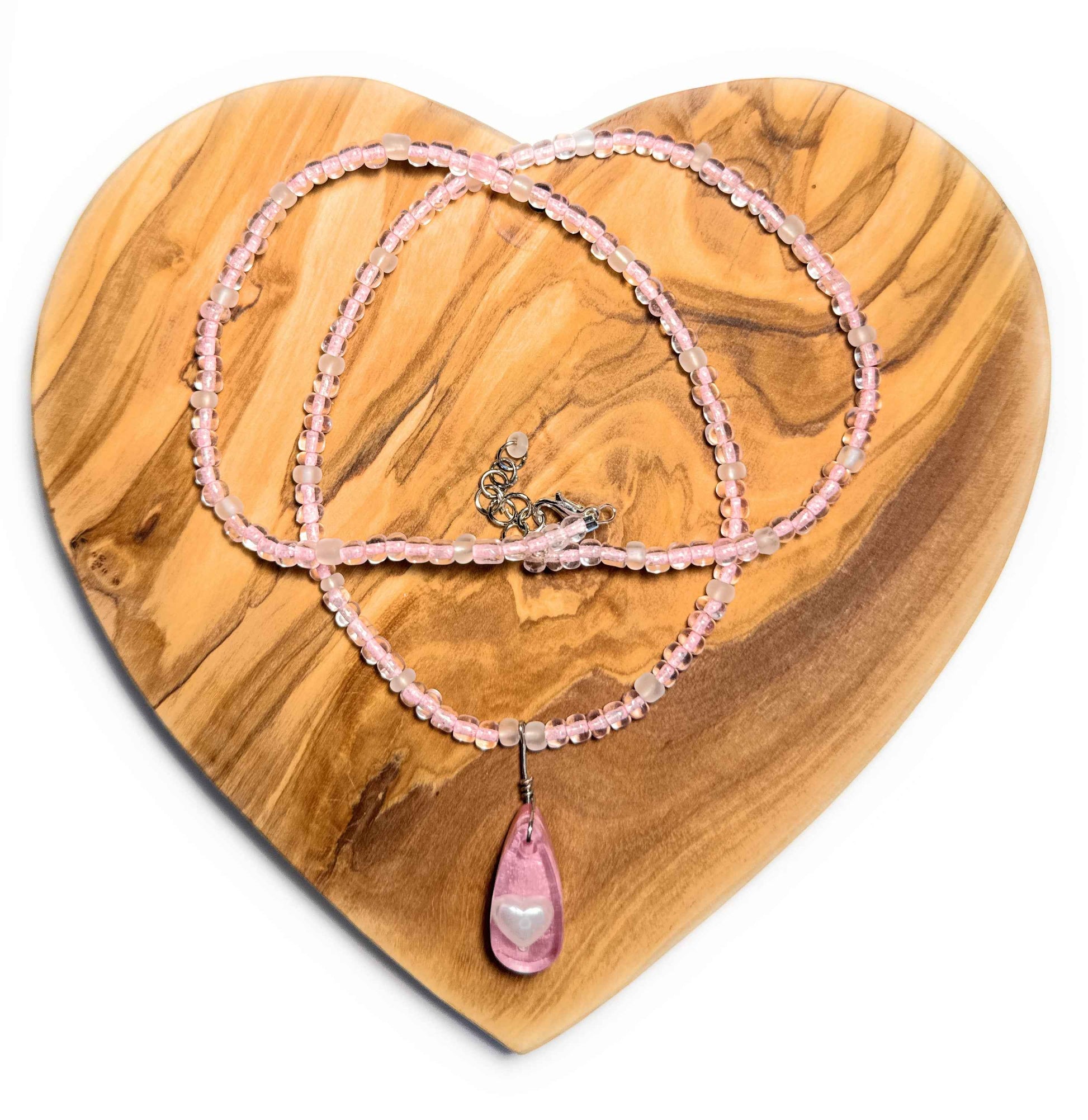 Pink and White Bead Necklace with Heart Resin Pendant
