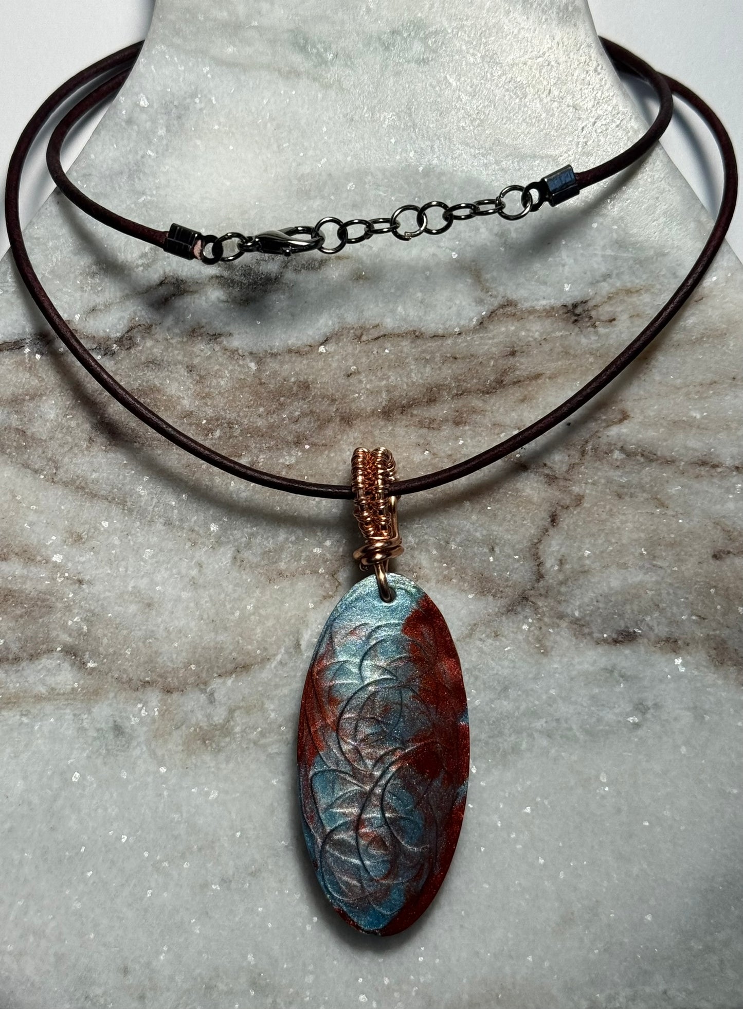 Blue and Maroon Resin Pendant with Copper Wire Wrapped Bail on Leather Cord Necklace