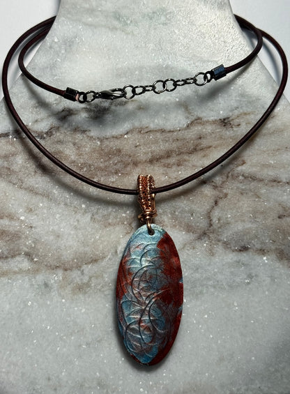 Blue and Maroon Resin Pendant with Copper Wire Wrapped Bail on Leather Cord Necklace - Celtic Scents