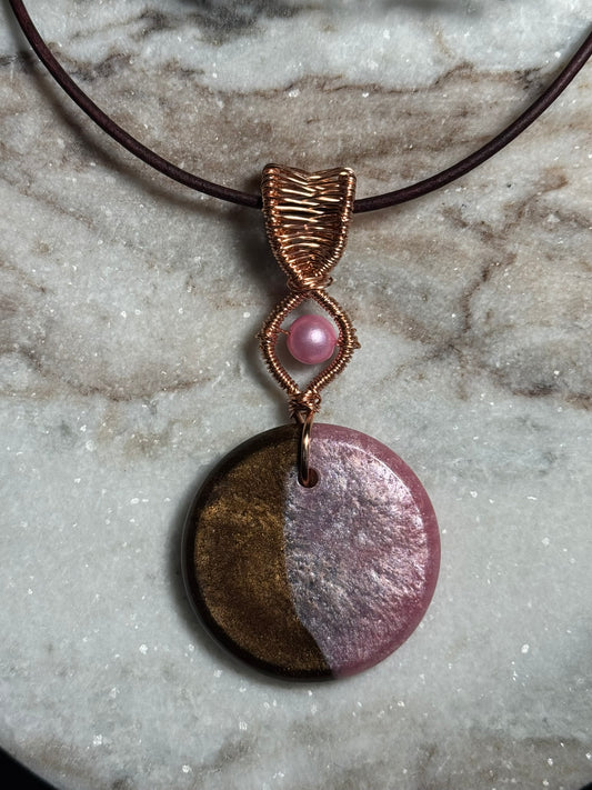 Pink and Brown Resin Pendant Copper Wire Wrapped on Leather Cord Necklace - Celtic Scents