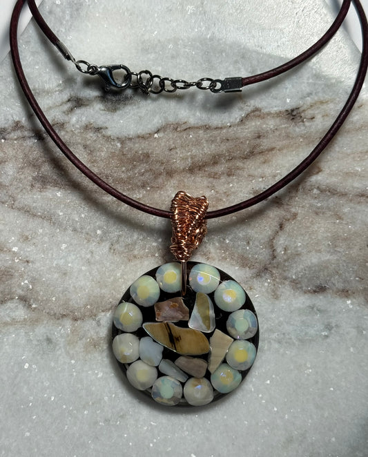 Brown with Broken Seashell Resin Pendant with Wire Wrapped Bail on Leather Cord - Celtic Scents