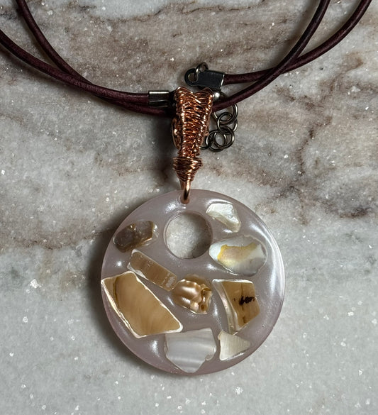 White Seashell Resin Pendant with Wire Wrapped Bail on Leather Cord Necklace - Celtic Scents