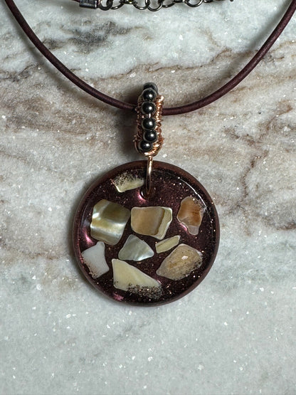 Brown Glitter Cracked Seashell Resin Pendant on Leather Cord Necklace - Celtic Scents