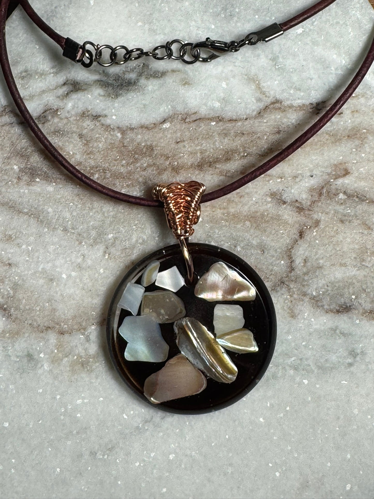 Brown Resin Pendant with Cracked Seashells Wire Wrapped Bail on Leather Cord Necklace - Celtic Scents