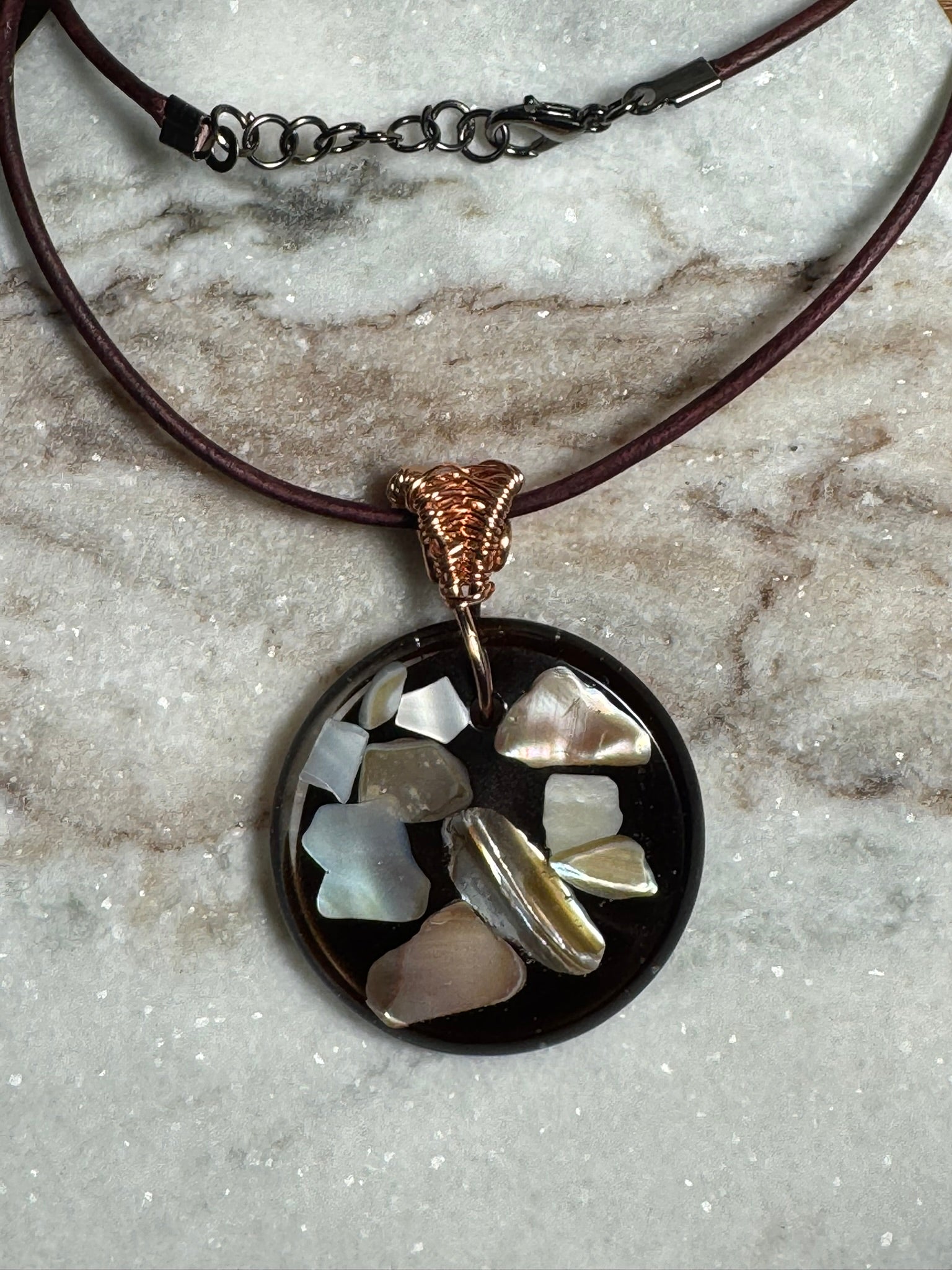 Brown Resin Pendant with Cracked Seashells Wire Wrapped Bail on Leather Cord Necklace - Celtic Scents
