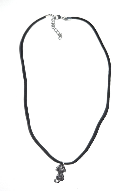 Black Leather Cord Necklace with Silver Alloy Cat Charm - Celtic Scents