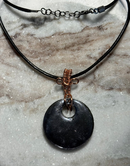 Black Round Resin Pendant with Wire Wrapped Bail on Leather Cord Necklace - Celtic Scents