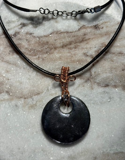Black Round Resin Pendant with Wire Wrapped Bail on Leather Cord Necklace - Celtic Scents