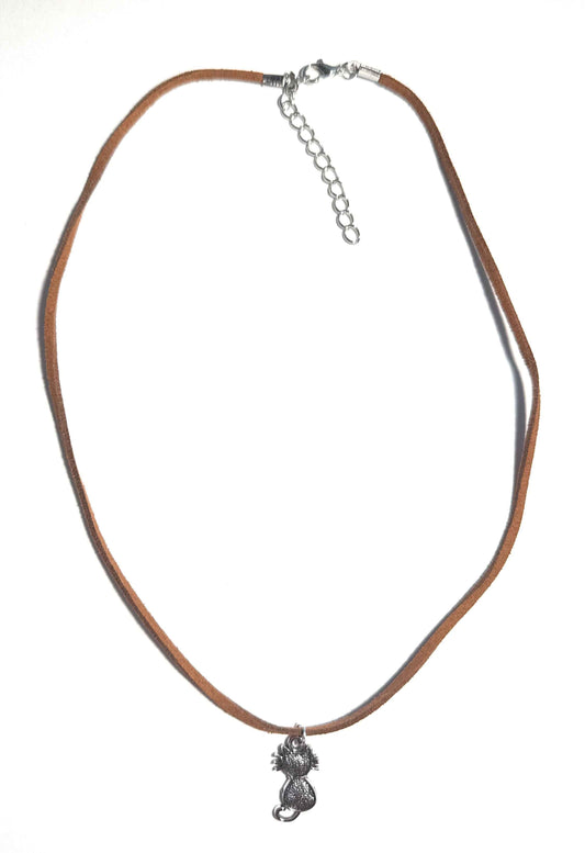 Tan Leather Cord Necklace with Silver Alloy Cat Charm