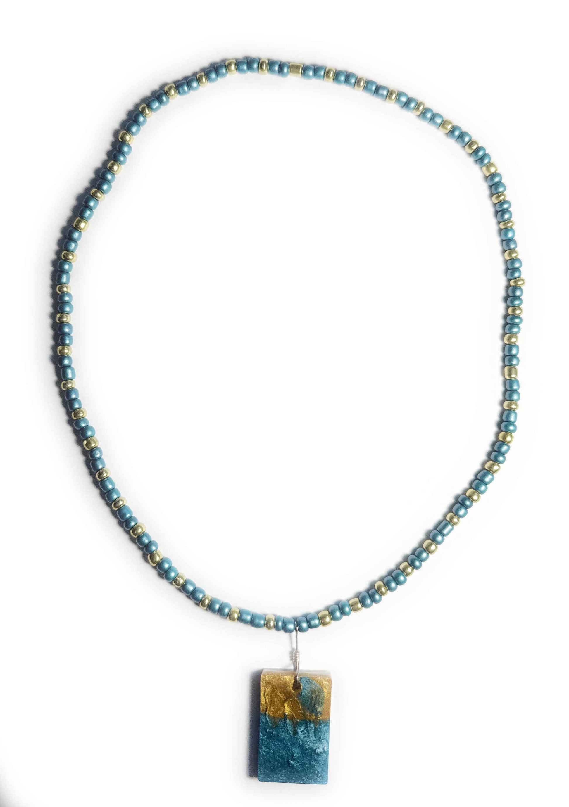 Teal and Gold Glass Seed Bead Stretchy Necklace with Teal and Gold Resin Pendant