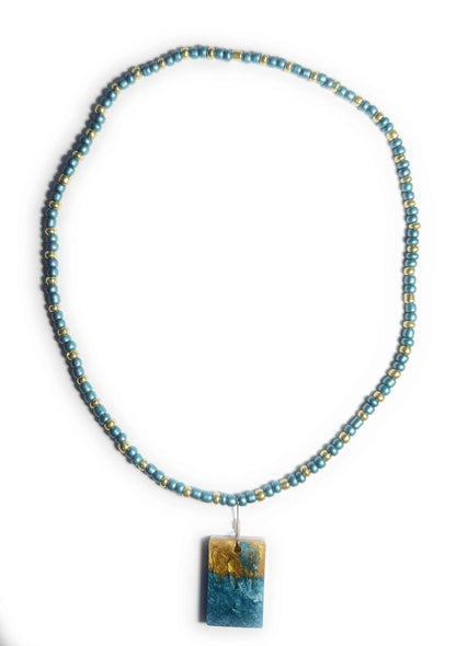 Teal and Gold Glass Seed Bead Stretchy Necklace with Teal and Gold Resin Pendant