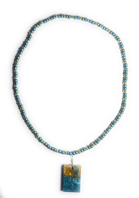 Teal and Gold Glass Seed Bead Stretchy Necklace with Teal and Gold Resin Pendant