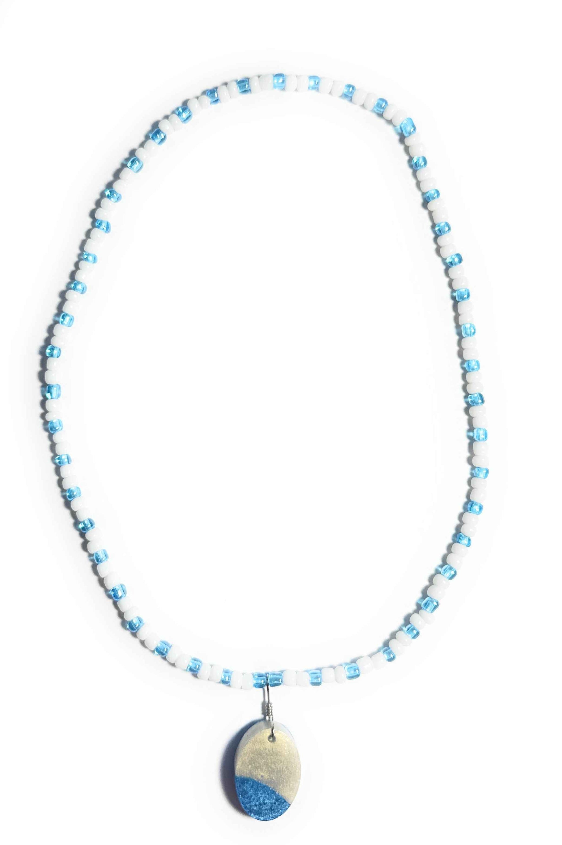 White and Blue Beaded Stretchy Necklace with White and Blue Oval Resin Pendant