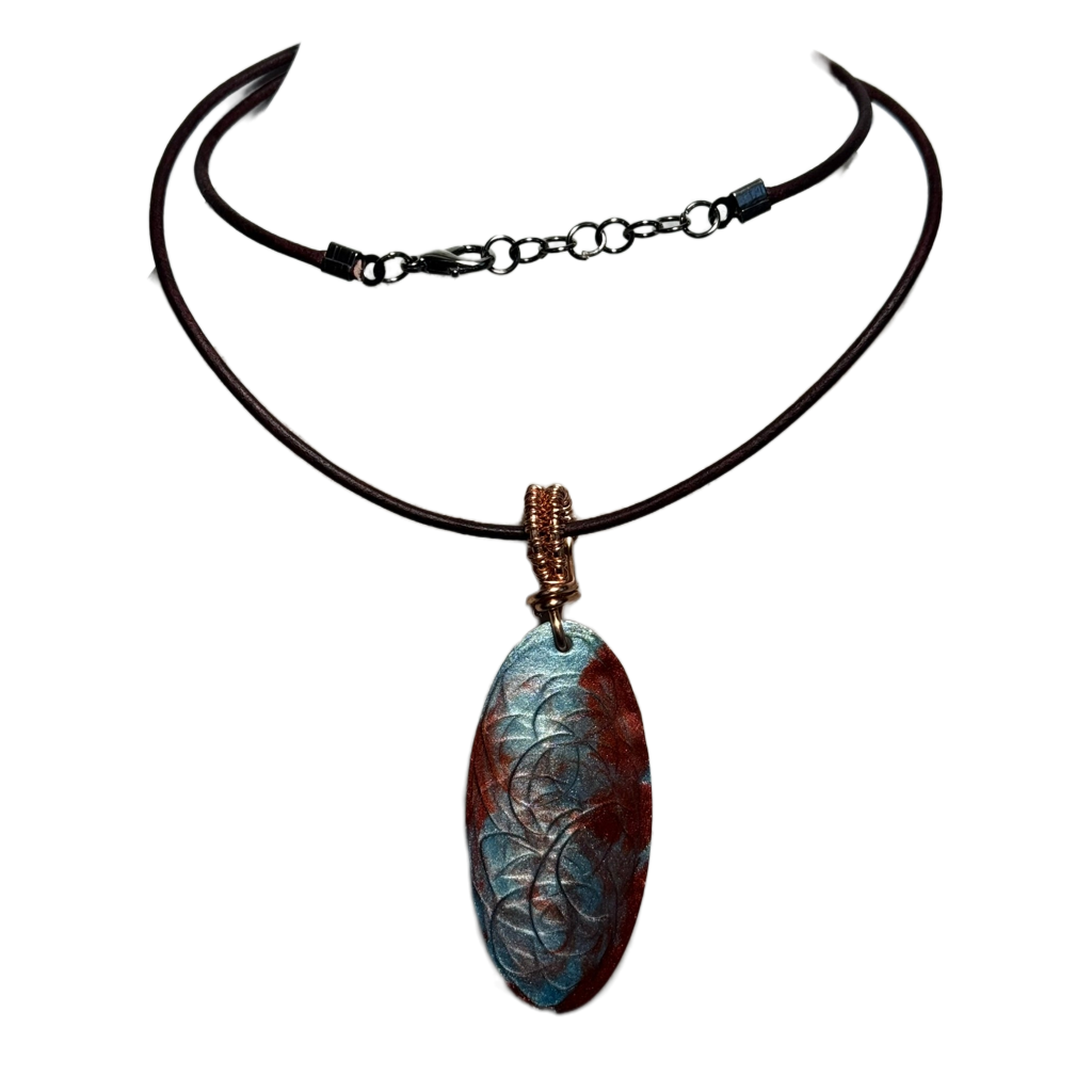Blue and Maroon Resin Pendant with Copper Wire Wrapped Bail on Leather Cord Necklace