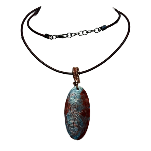 Blue and Maroon Resin Pendant with Copper Wire Wrapped Bail on Leather Cord Necklace