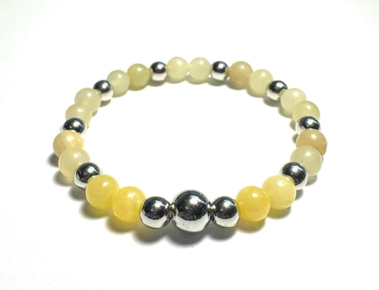 Natural Stone Bracelet, 6mm Afghanistan Jade and Yellow Jade with Silver Metallic Beads
